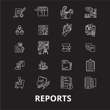 Reports editable line icons vector set on black background. Reports white outline illustrations, signs,symbolsのイラスト素材