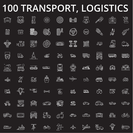 Transport, logistics editable line icons vector set on black background. Transport, logistics white outline illustrations, signs,symbolsのイラスト素材