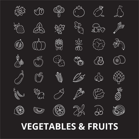 Vegetables editable line icons vector set on black background. Vegetables white outline illustrations, signs,symbolsのイラスト素材