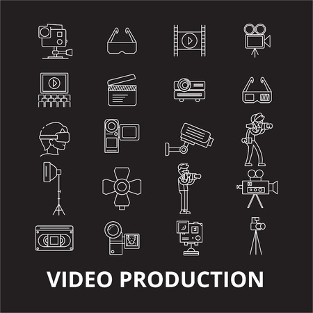 Video production editable line icons vector set on black background. Video production white outline illustrations, signs,symbolsのイラスト素材