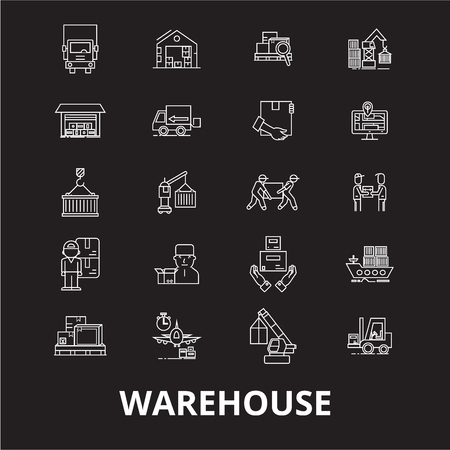 Warehouse editable line icons vector set on black background. Warehouse white outline illustrations, signs,symbolsのイラスト素材