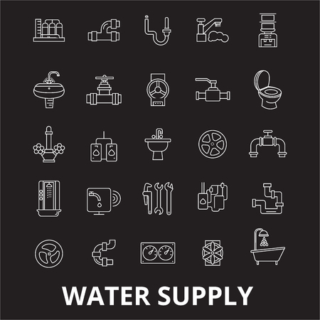 Water supply editable line icons vector set on black background. Water supply white outline illustrations, signs,symbolsのイラスト素材