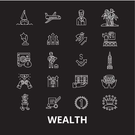 Wealth editable line icons vector set on black background. Wealth white outline illustrations, signs,symbolsのイラスト素材