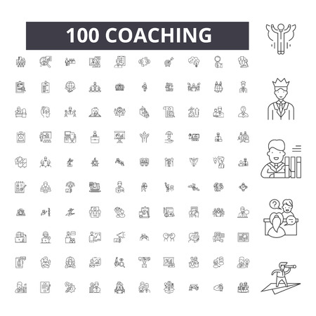 Coaching editable line icons, 100 vector set on white background. Coaching black outline illustrations, signs, symbolsのイラスト素材