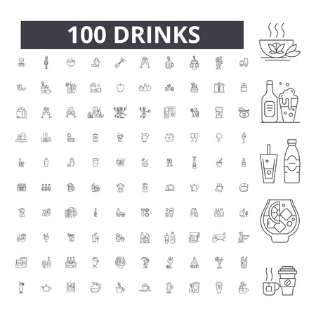 Drinks editable line icons, 100 vector set on white background. Drinks black outline illustrations, signs, symbolsのイラスト素材