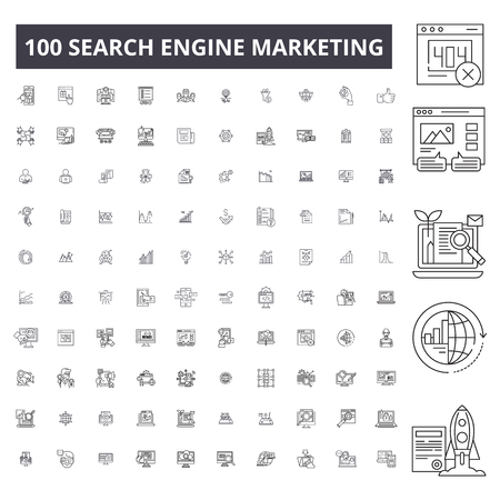 Search engine marketing editable line icons, 100 vector set on white background. Search engine marketing black outline illustrations, signs, symbolsのイラスト素材
