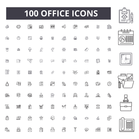 Office editable line icons, 100 vector set on white background. Office black outline illustrations, signs, symbolsのイラスト素材