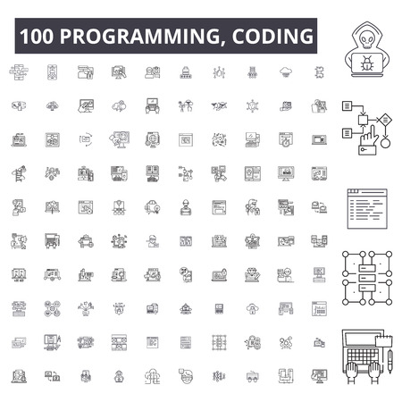 Programming, coding editable line icons, 100 vector set on white background. Programming, coding black outline illustrations, signs, symbolsのイラスト素材