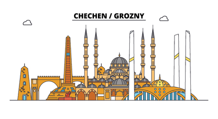 Russia, Chechen, Grozny. City skyline: architecture, buildings, streets, silhouette, landscape, panorama. Flat line vector illustration. Russia, Chechen, Grozny outline design.のイラスト素材