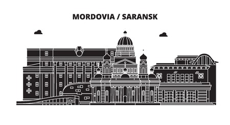 Russia, Mordovia, Saransk. City skyline: architecture, buildings, streets, silhouette, landscape, panorama. Flat line vector illustration. Russia, Mordovia, Saransk outline design.のイラスト素材