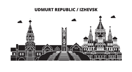 Russia, Udmurt Republic, Izhevsk. City skyline: architecture, buildings, streets, silhouette, landscape, panorama. Flat line vector illustration. Russia, Udmurt Republic, Izhevsk outline design.のイラスト素材