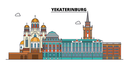 Russia, Yekaterinburg. City skyline: architecture, buildings, streets, silhouette, landscape, panorama. Flat line vector illustration. Russia, Yekaterinburg outline design.のイラスト素材