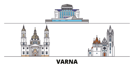 Bulgaria, Varna flat landmarks vector illustration. Bulgaria, Varna line city with famous travel sights, design skyline.のイラスト素材
