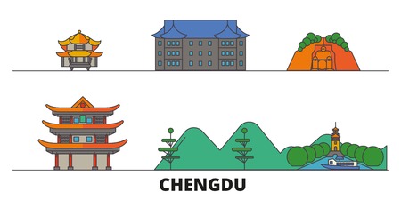 China, Chengdu flat landmarks vector illustration. China, Chengdu line city with famous travel sights, design skyline.のイラスト素材