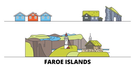 Denmark, Faroe Islands flat landmarks vector illustration. Denmark, Faroe Islands line city with famous travel sights, design skyline.のイラスト素材