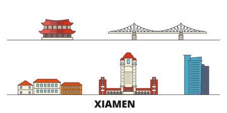 China, Xiamen flat landmarks vector illustration. China, Xiamen line city with famous travel sights, design skyline.のイラスト素材