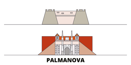 Italy, Palmanova flat landmarks vector illustration. Italy, Palmanova line city with famous travel sights, design skyline.のイラスト素材