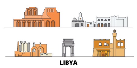 Libya flat landmarks vector illustration. Libya line city with famous travel sights, design skyline.のイラスト素材