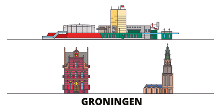 Netherlands, Groningen flat landmarks vector illustration. Netherlands, Groningen line city with famous travel sights, design skyline.のイラスト素材