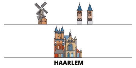 Netherlands, Haarlem flat landmarks vector illustration. Netherlands, Haarlem line city with famous travel sights, design skyline.のイラスト素材