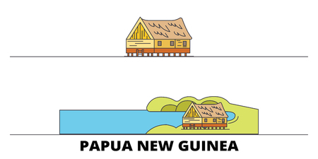 Papua New Guinea flat travel skyline set. Papua New Guinea black city vector panorama, illustration, travel sights, landmarks, streets.のイラスト素材