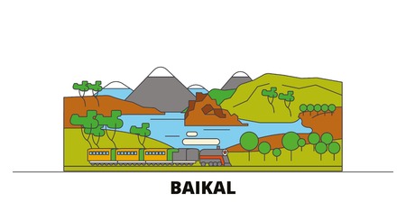 Russia, Baikal flat landmarks vector illustration. Russia, Baikal line city with famous travel sights, design skyline.のイラスト素材