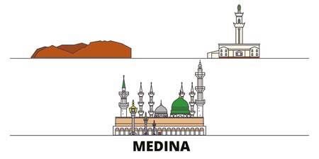 Saudi Arabia, Medina flat landmarks vector illustration. Saudi Arabia, Medina line city with famous travel sights, design skyline.のイラスト素材