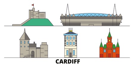 United Kingdom, Cardiff flat landmarks vector illustration. United Kingdom, Cardiff line city with famous travel sights, design skyline.のイラスト素材