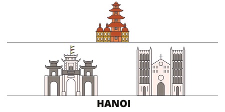 Vietnam, Hanoi flat landmarks vector illustration. Vietnam, Hanoi line city with famous travel sights, design skyline.のイラスト素材