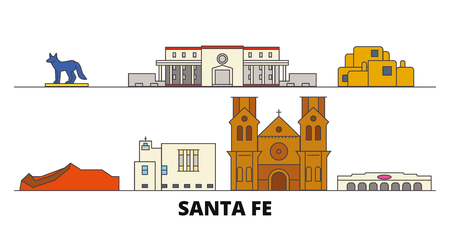 United States, Santa Fe flat landmarks vector illustration. United States, Santa Fe line city with famous travel sights, design skyline.のイラスト素材