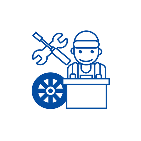 Auto mechanic,battery  line concept icon. Auto mechanic,battery  flat  vector website sign, outline symbol, illustration.のイラスト素材