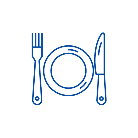 Plate, fork and knife line concept icon. Plate, fork and knife flat  vector website sign, outline symbol, illustration.のイラスト素材