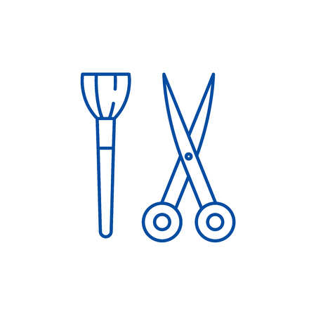 Scissors and visagiste brush line concept icon. Scissors and visagiste brush flat  vector website sign, outline symbol, illustration.のイラスト素材