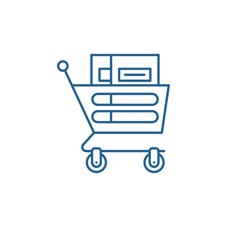 Wheelbarrow in the supermarket line concept icon. Wheelbarrow in the supermarket flat  vector website sign, outline symbol, illustration.のイラスト素材