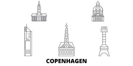 Denmark, Copenhagen City line travel skyline set. Denmark, Copenhagen City outline city vector panorama, illustration, travel sights, landmarks, streets.のイラスト素材
