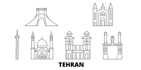 Iran, Tehran line travel skyline set. Iran, Tehran outline city vector panorama, illustration, travel sights, landmarks, streets.のイラスト素材