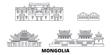 Mongolia line travel skyline set. Mongolia outline city vector panorama, illustration, travel sights, landmarks, streets.のイラスト素材
