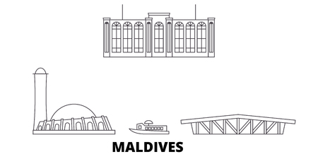Maldives line travel skyline set. Maldives outline city vector panorama, illustration, travel sights, landmarks, streets.のイラスト素材