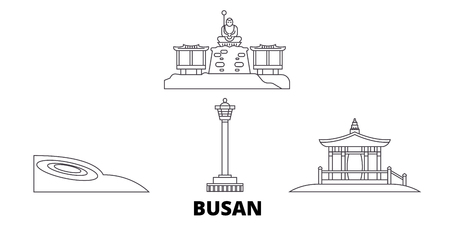 South Korea, Busan line travel skyline set. South Korea, Busan outline city vector panorama, illustration, travel sights, landmarks, streets.のイラスト素材