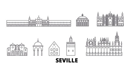 Spain, Seville line travel skyline set. Spain, Seville outline city vector panorama, illustration, travel sights, landmarks, streets.のイラスト素材