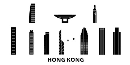 China, Hong Kong flat travel skyline set. China, Hong Kong black city vector panorama, illustration, travel sights, landmarks, streets.のイラスト素材
