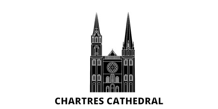 France, Chartres Cathedral Landmark flat travel skyline set. France, Chartres Cathedral Landmark black city vector panorama, illustration, travel sights, landmarks, streets.のイラスト素材