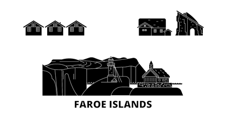 Denmark, Faroe Islands flat travel skyline set. Denmark, Faroe Islands black city vector panorama, illustration, travel sights, landmarks, streets.のイラスト素材