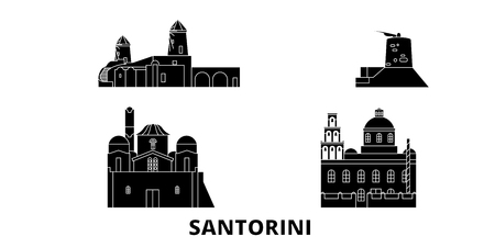 Greece, Santorini flat travel skyline set. Greece, Santorini black city vector panorama, illustration, travel sights, landmarks, streets.のイラスト素材