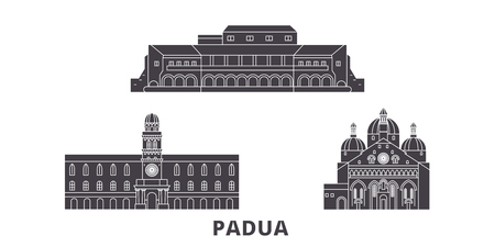 Italy, Padua flat travel skyline set. Italy, Padua black city vector panorama, illustration, travel sights, landmarks, streets.のイラスト素材