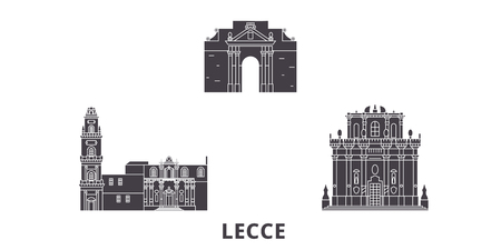 Italy, Lecce flat travel skyline set. Italy, Lecce black city vector panorama, illustration, travel sights, landmarks, streets.のイラスト素材
