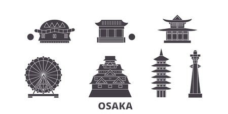 Japan, Osaka flat travel skyline set. Japan, Osaka black city vector panorama, illustration, travel sights, landmarks, streets.のイラスト素材