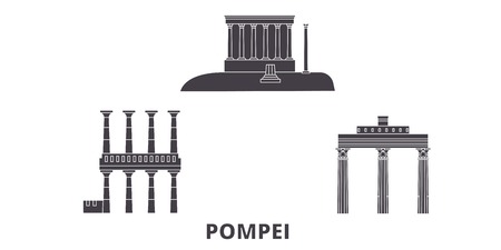 Italy, Pompei flat travel skyline set. Italy, Pompei black city vector panorama, illustration, travel sights, landmarks, streets.のイラスト素材