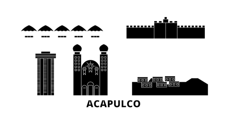 Mexico, Acapulco flat travel skyline set. Mexico, Acapulco black city vector panorama, illustration, travel sights, landmarks, streets.のイラスト素材