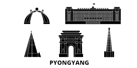 North Korea, Pyongyang flat travel skyline set. North Korea, Pyongyang black city vector panorama, illustration, travel sights, landmarks, streets.のイラスト素材